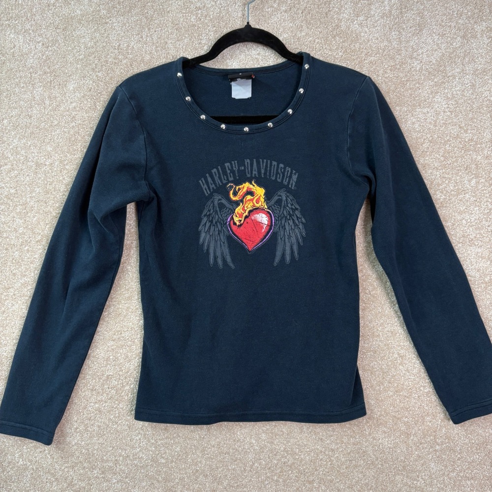 HARLEY DAVIDSON Y2K Graphic Tee Womens Medium Black Studded Flaming Heart Wings